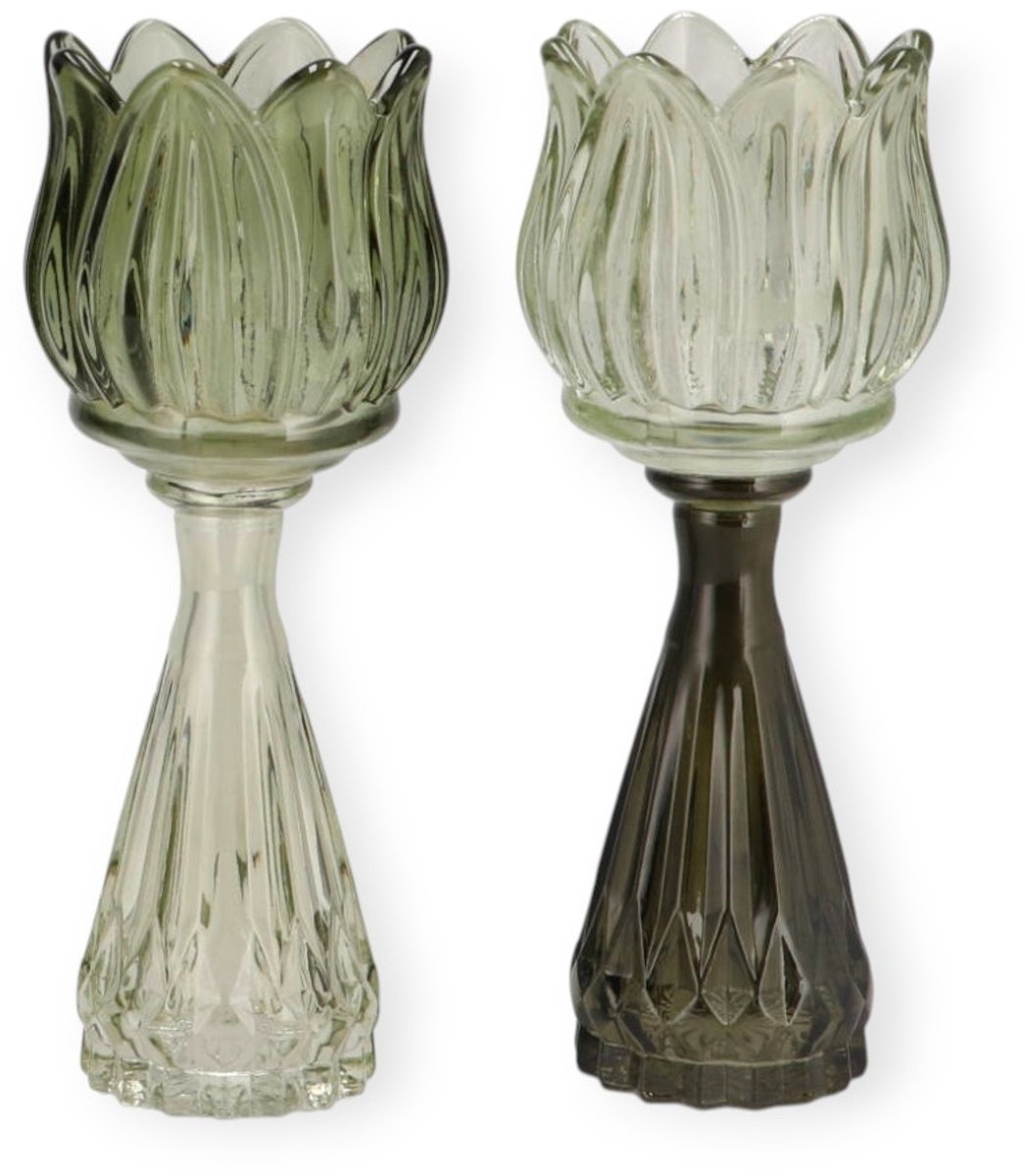 Daan Kromhout - Waxine houders - Kaarsenhouders - Set van 2 - Tulp - Glas - Licht Groene Mix - 7x18cm