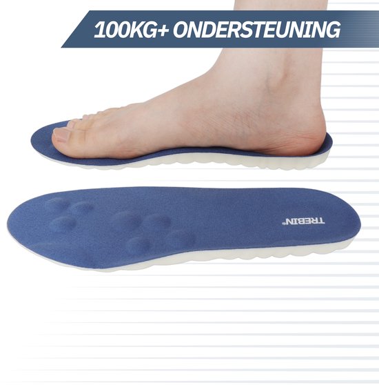 Voet van een persoon op een blauw-witte inlegzool, met text '100KG+ ONDERSTEUNING'.