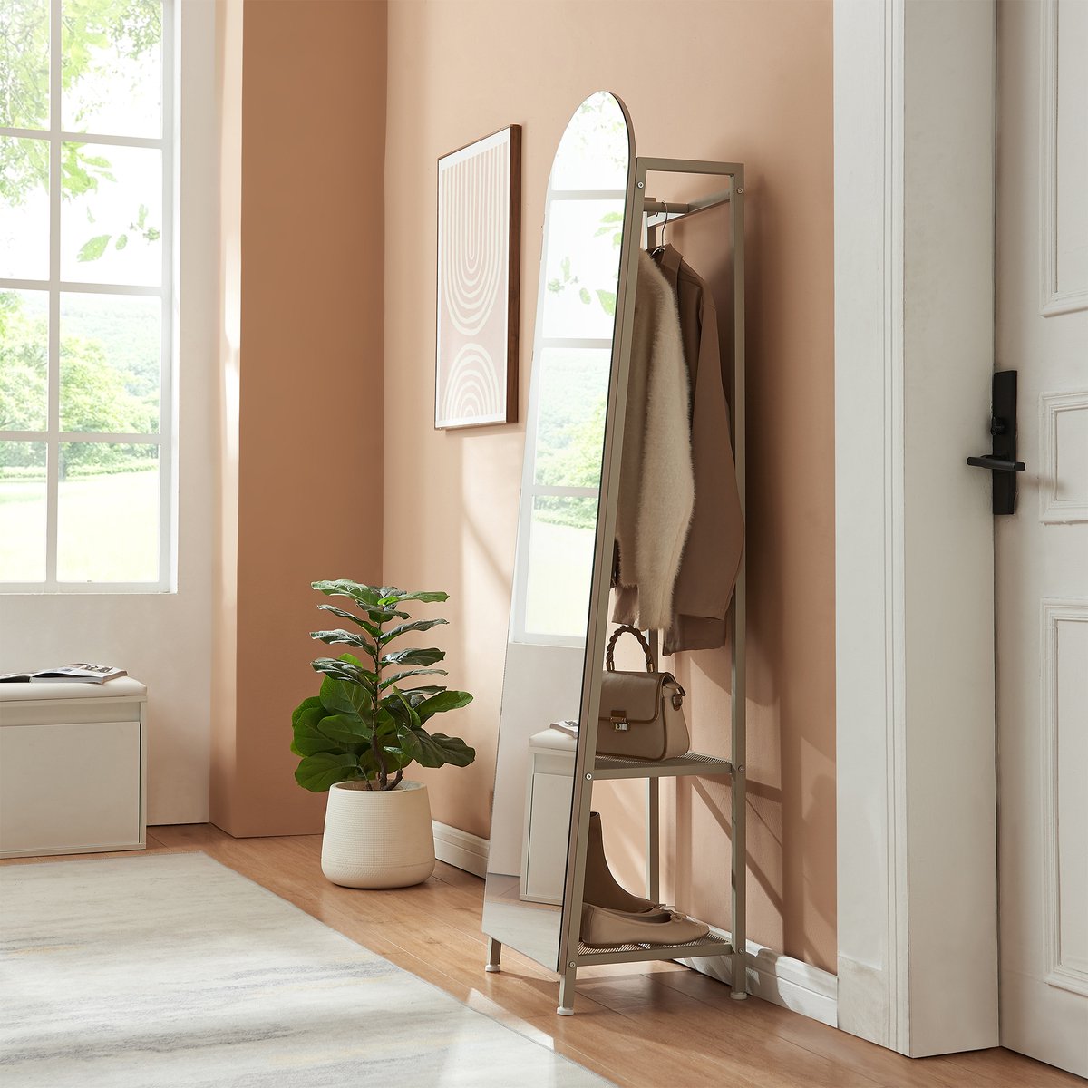 Garderobespiegel Frenraby met kledingrek 165x40x35 cm havermout [en.casa]