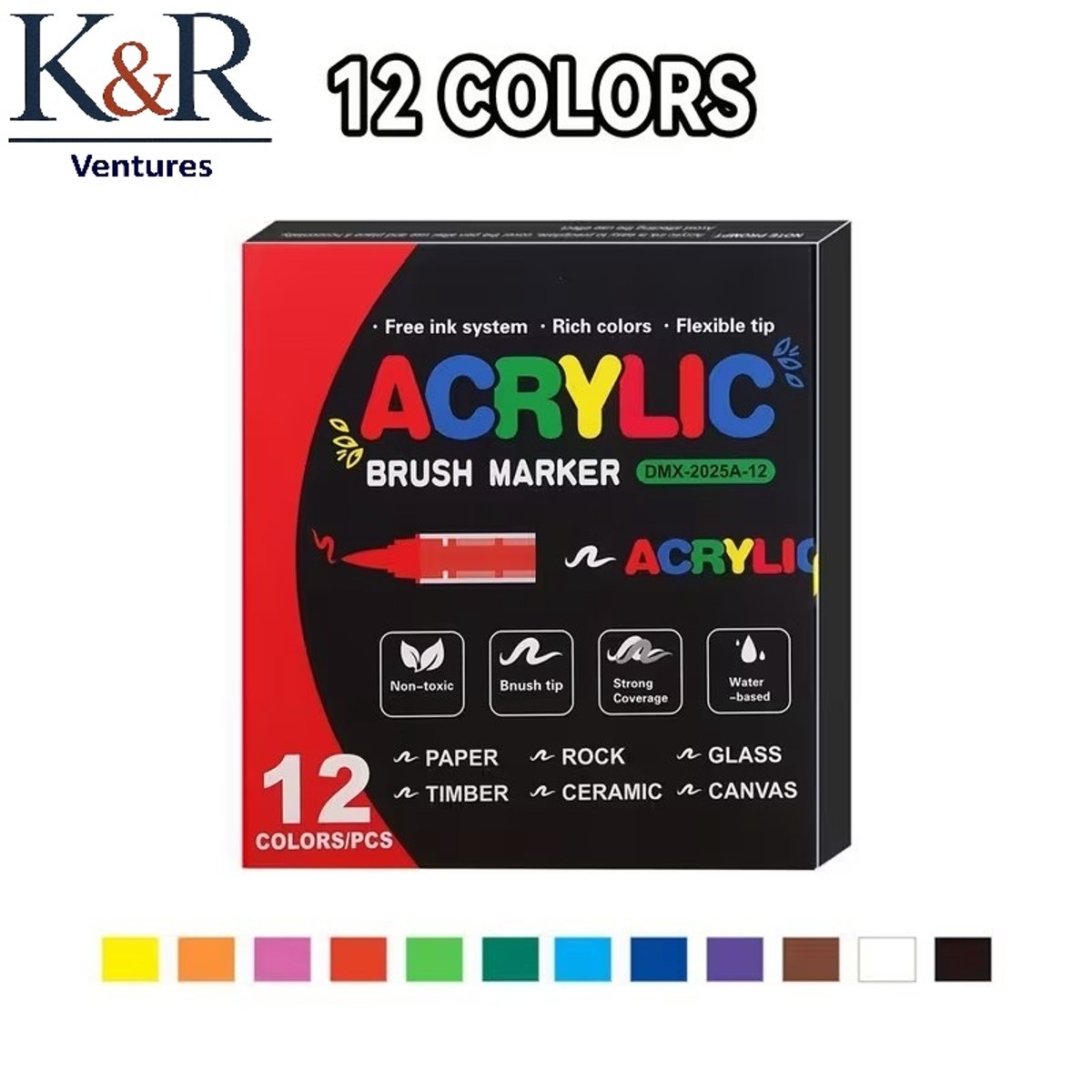 K&R Ventures® Acrylstiften – 12 Kleuren – Acryl Marker Stiften voor Glas, Hout, Steen, Keramiek, Stoffen & Canvas – Verfstiften op Waterbasis – Niet Giftig – Voor Volwassenen & Kinderen – Tekenset met Sterke Dekking - Guangna Brush Markers