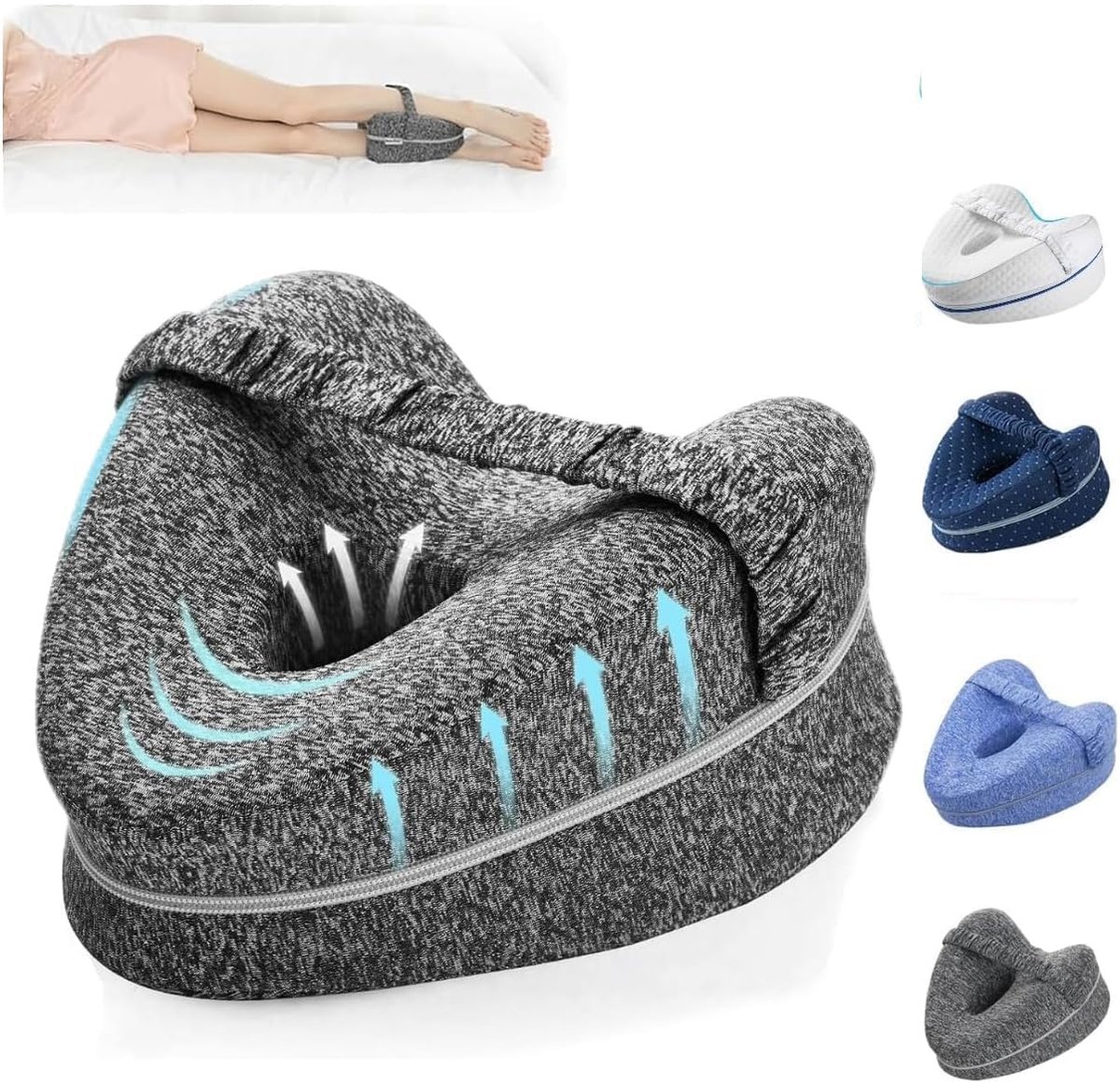 Kniekussen voor zijslapers - Beenkussen om te slapen - Kniekussen met bandje - Uitlijningskussen tussen de benen - Geschikt voor het verlichten van pijn in benen, rug en knieën - Machinewasbaar (grijs)