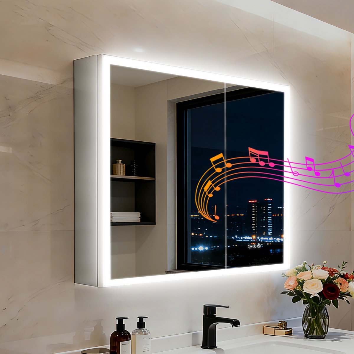 LUVODI Grote badkamerspiegelkast - 80x70 cm Wandgemonteerde LED-spiegelkast - Bluetooth-luidsprekers - Dimbare verlichting met 3 kleuren - Anti-condens - Stopcontact