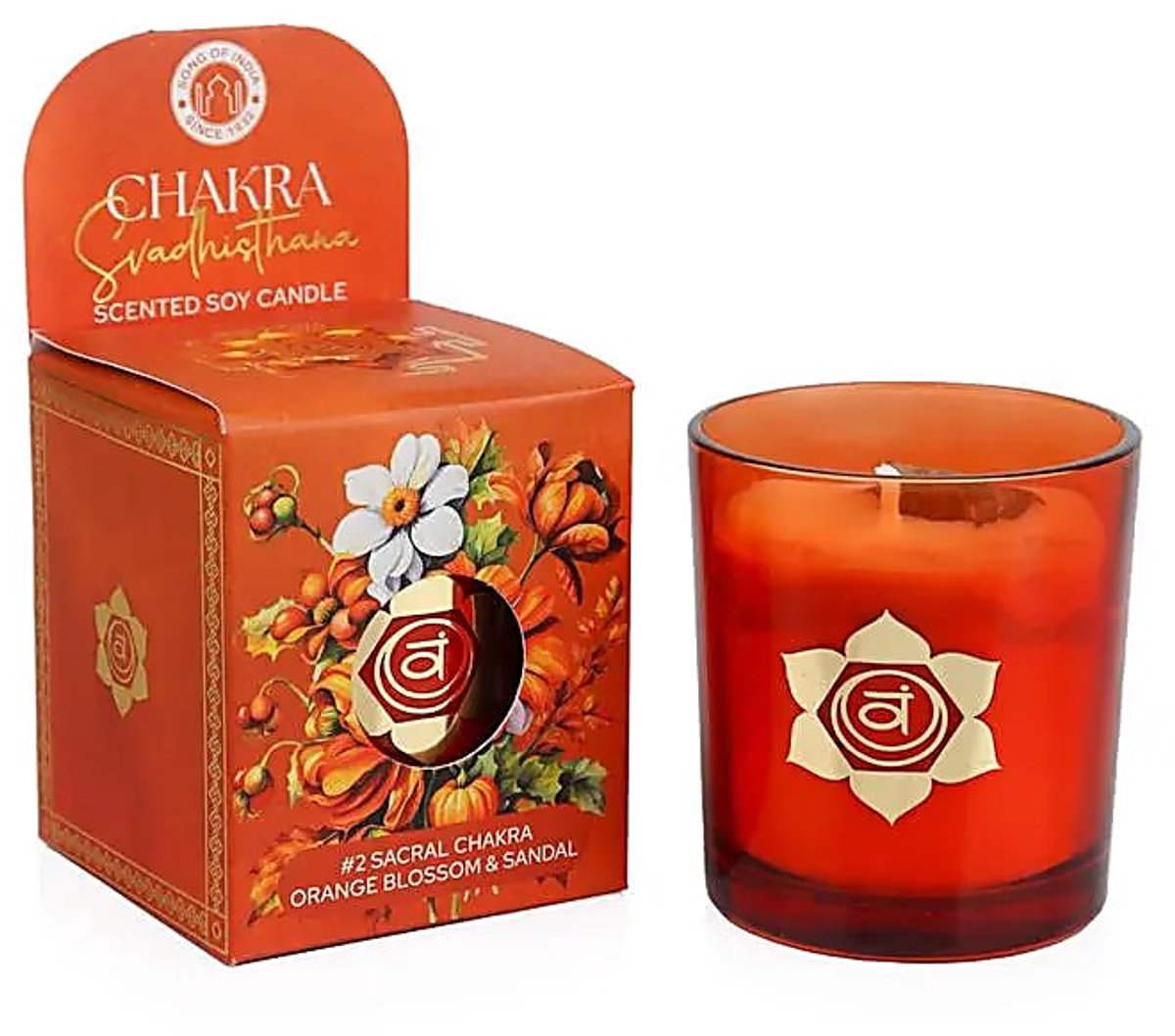 Phoenix Import Mani Bhadra Soja geurkaars Svadhisthana chakra oranjebloesem & sandelhout – Ø7 cm x 8 cm