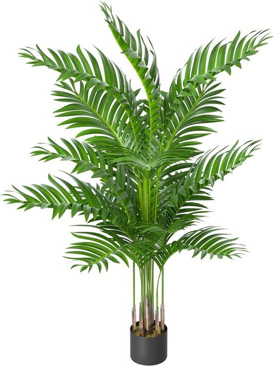 Een groene kunst-livistona palm in een zwarte pot.