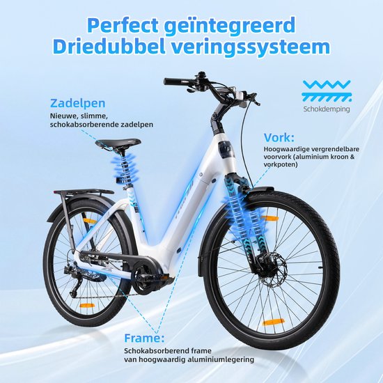 TTGO Elektrische Fiets - Stadsfiets 27.5 Inch - Middenmotor - 18Ah Accu tot 120 km - Shimano 9 Versnellingen - Hydraulische Schijfremmen - Wit van TTGO — afbeelding 4