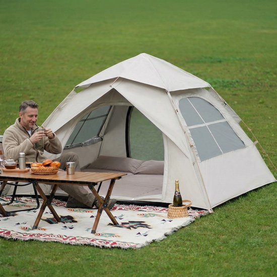 Automatische Pop-up Tent - Vierhoekige Kampeertent voor 2-3 Personen - Vaste Zonnekap - Inclusief Draagtas - Ideaal voor Gezinscamping en Festivals - Met Verzilverde UV-Block Coating - Snelle 3-Seconden Opzet - Wit — afbeelding 5