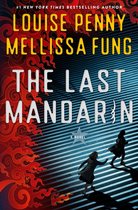 Boekcover van "The Last Mandarin" van Louise Penny en Mellissa Fung, met een gestileerde rode ornamenten en gestreepte achtergrond. Twee figuren op de voorgrond.