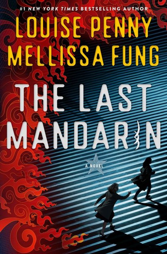 Boekcover van "The Last Mandarin" van Louise Penny en Mellissa Fung, met een gestileerde rode ornamenten en gestreepte achtergrond. Twee figuren op de voorgrond.