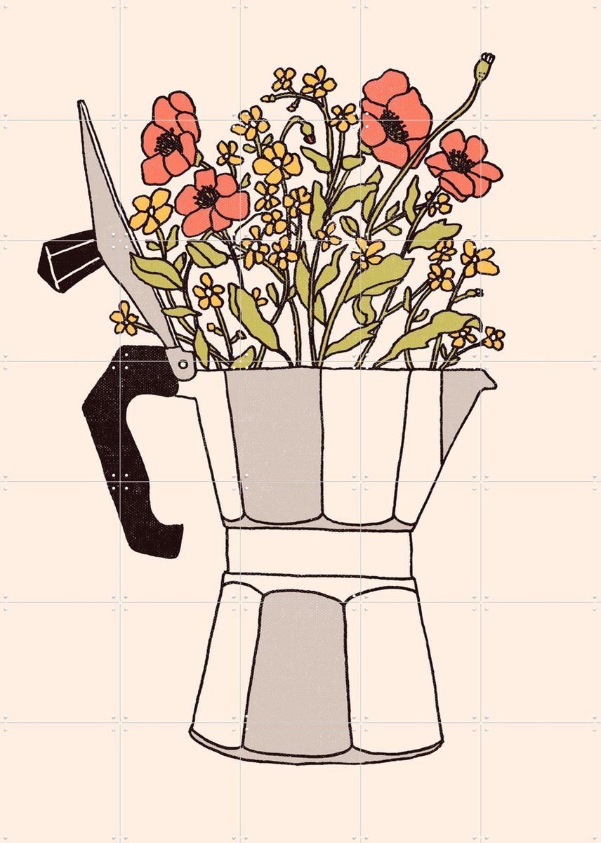 IXXI Moka Flowers Color, Florent Bodart - 100 x 140 cm - Gratis ophangtool - Grote wanddecoratie en posters - Vintage, Line art, Speels, Klassiek