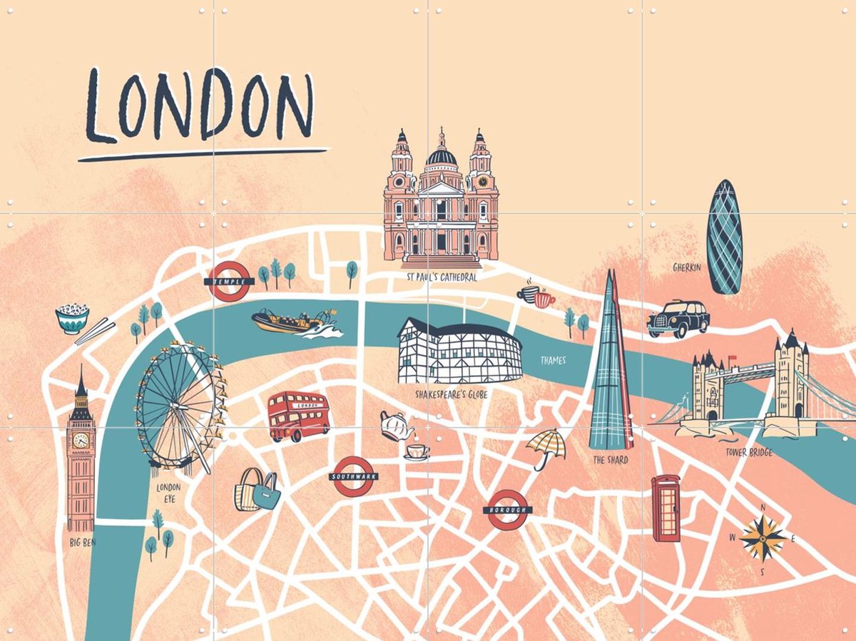 IXXI London Illustration, Revista Ontwerp & Kunst in Kaart - 80 x 60 cm - Gratis ophangtool - Grote wanddecoratie en posters - Speels, Illustraties