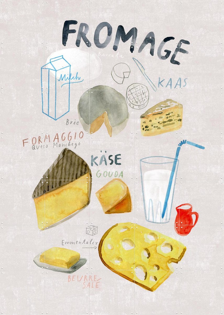 IXXI Fromage, Signorinah - 100 x 140 cm - Gratis ophangtool - Grote wanddecoratie en posters - Aquarel, Illustraties, Speels, Keuken, Eetkamer
