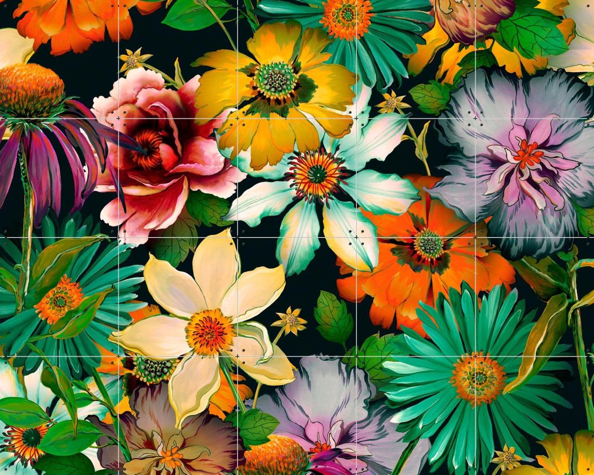 IXXI Blossoming Flowers Green Yellow, Marylène Madou - 100 x 80 cm - Gratis ophangtool - Grote wanddecoratie en posters - Kleurrijk, Grafisch