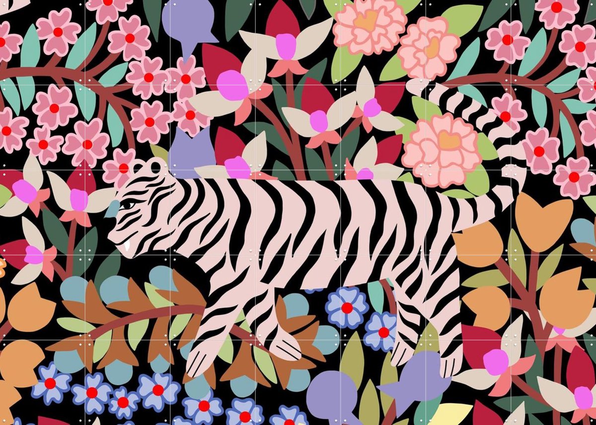 IXXI Tiger in Flowers, Sasha Ignatiadou - 140 x 100 cm - Gratis ophangtool - Grote wanddecoratie en posters - Speels, Kleurrijk, Digitale Kunst