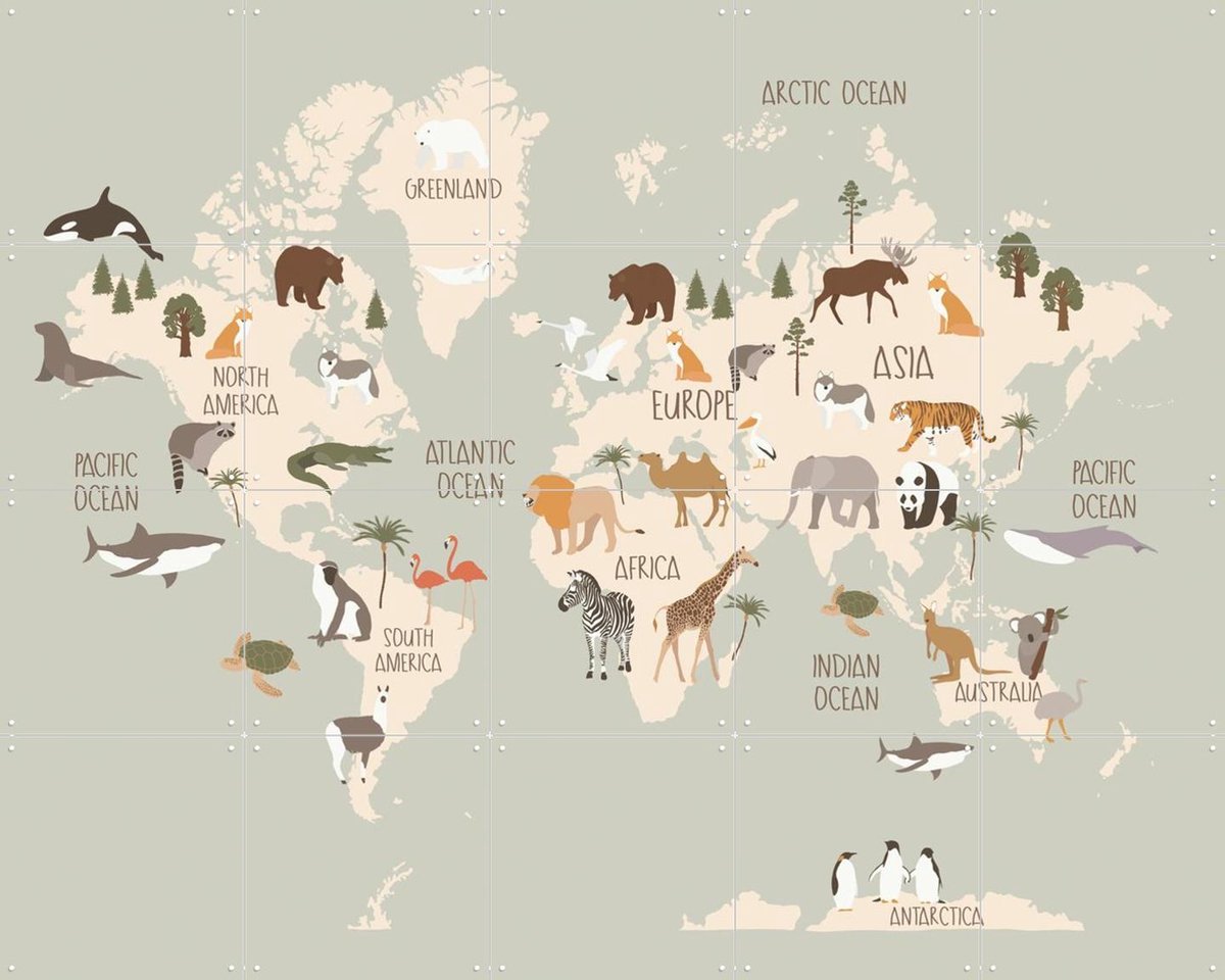 IXXI Nursery World Map (Green), Treechild & Various - 100 x 80 cm - Gratis ophangtool - Grote wanddecoratie en posters - Illustraties, Grafisch