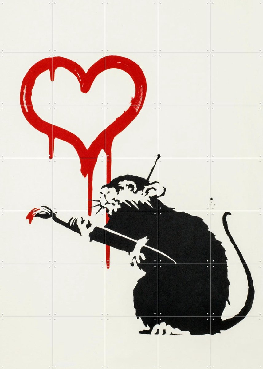IXXI Love Rat, Banksy - 100 x 140 cm - Gratis ophangtool - Grote wanddecoratie en posters - Street art, Houtsnede, Pop art, Illustraties, Mancave