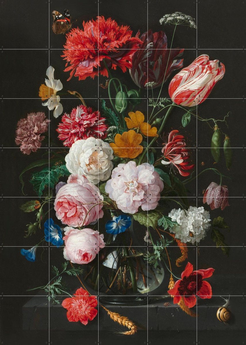 IXXI Stilleven met bloemen in een glazen vaas, Jan Davidsz. De Heem & Rijksmuseum - 100 x 140 cm - Gratis ophangtool - Grote wanddecoratie en posters