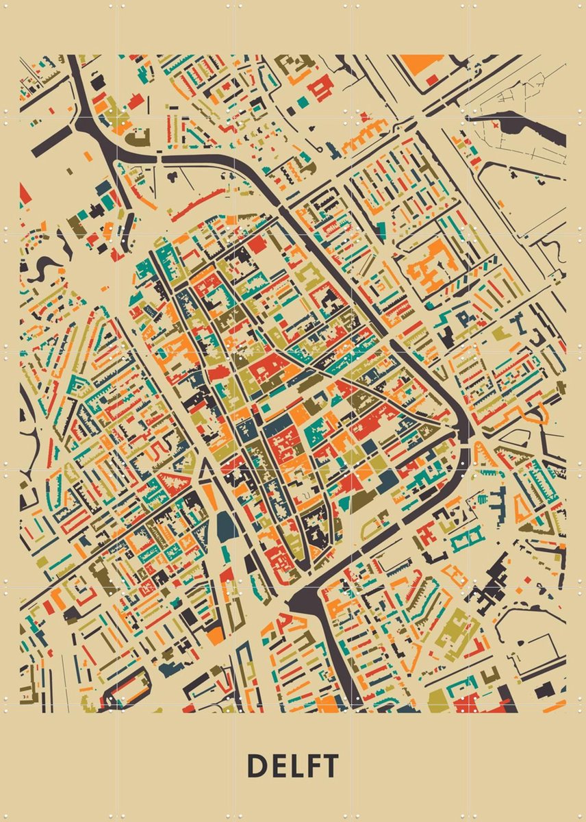 IXXI Delft Mosaic Map, Kunst in Kaart - 100 x 140 cm - Gratis ophangtool - Grote wanddecoratie en posters - Digitale Kunst, Geometrische Kunst