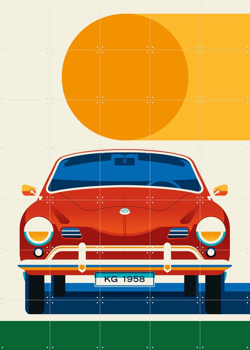IXXI Red Vintage Sports Car Front, Bo Lundberg - 100 x 140 cm - Gratis ophangtool - Grote wanddecoratie en posters - Illustraties, Vintage, Kleurrijk