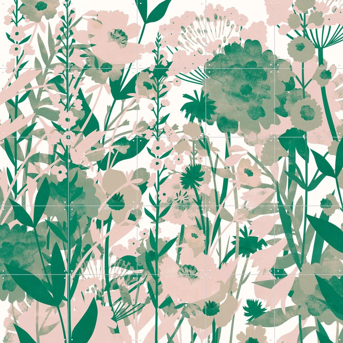 IXXI Flower Garden green, Lotte Dirks - 100 x 100 cm - Gratis ophangtool - Grote wanddecoratie en posters - Aquarel, Illustraties, Woonkamer