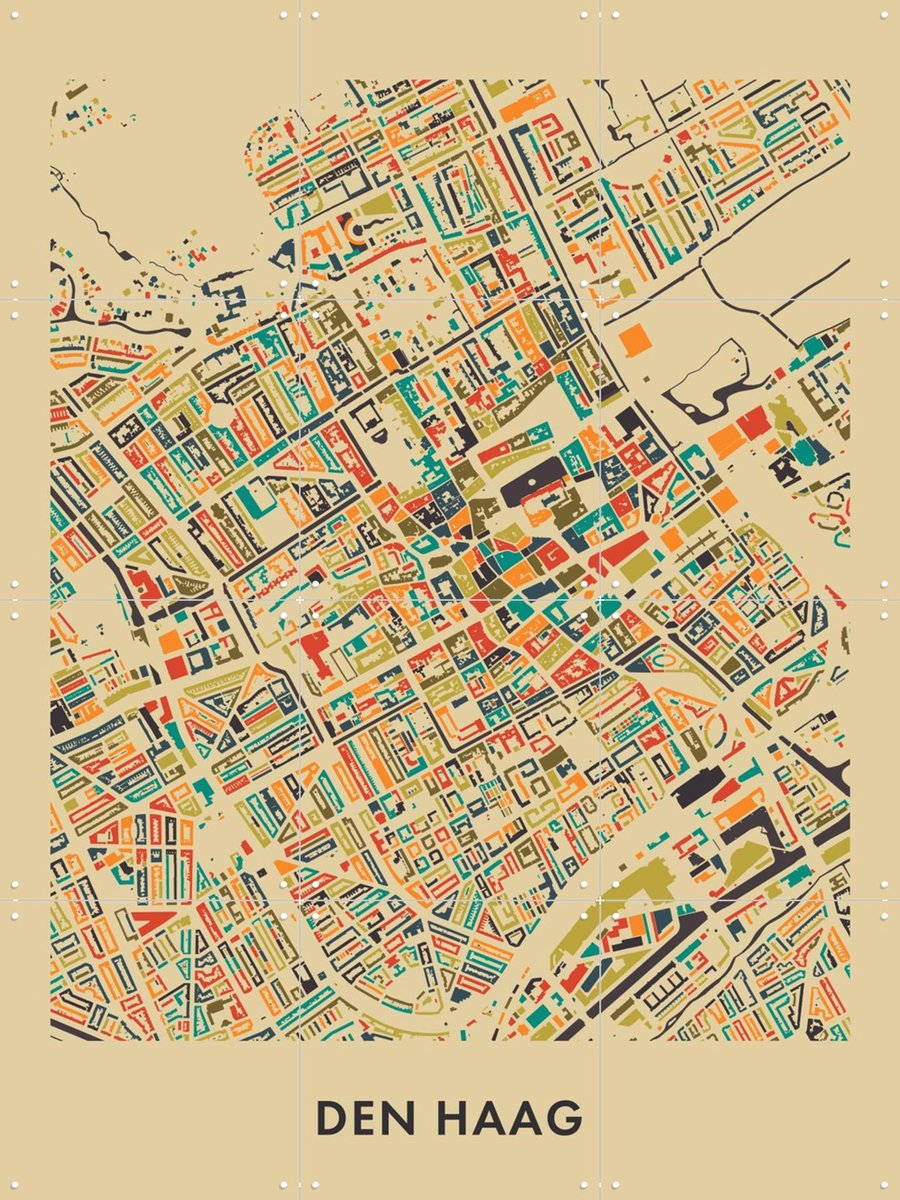 IXXI Den Haag Mosaic Map, Kunst in Kaart - 60 x 80 cm - Gratis ophangtool - Grote wanddecoratie en posters - Digitale Kunst, Illustraties, Kleurrijk
