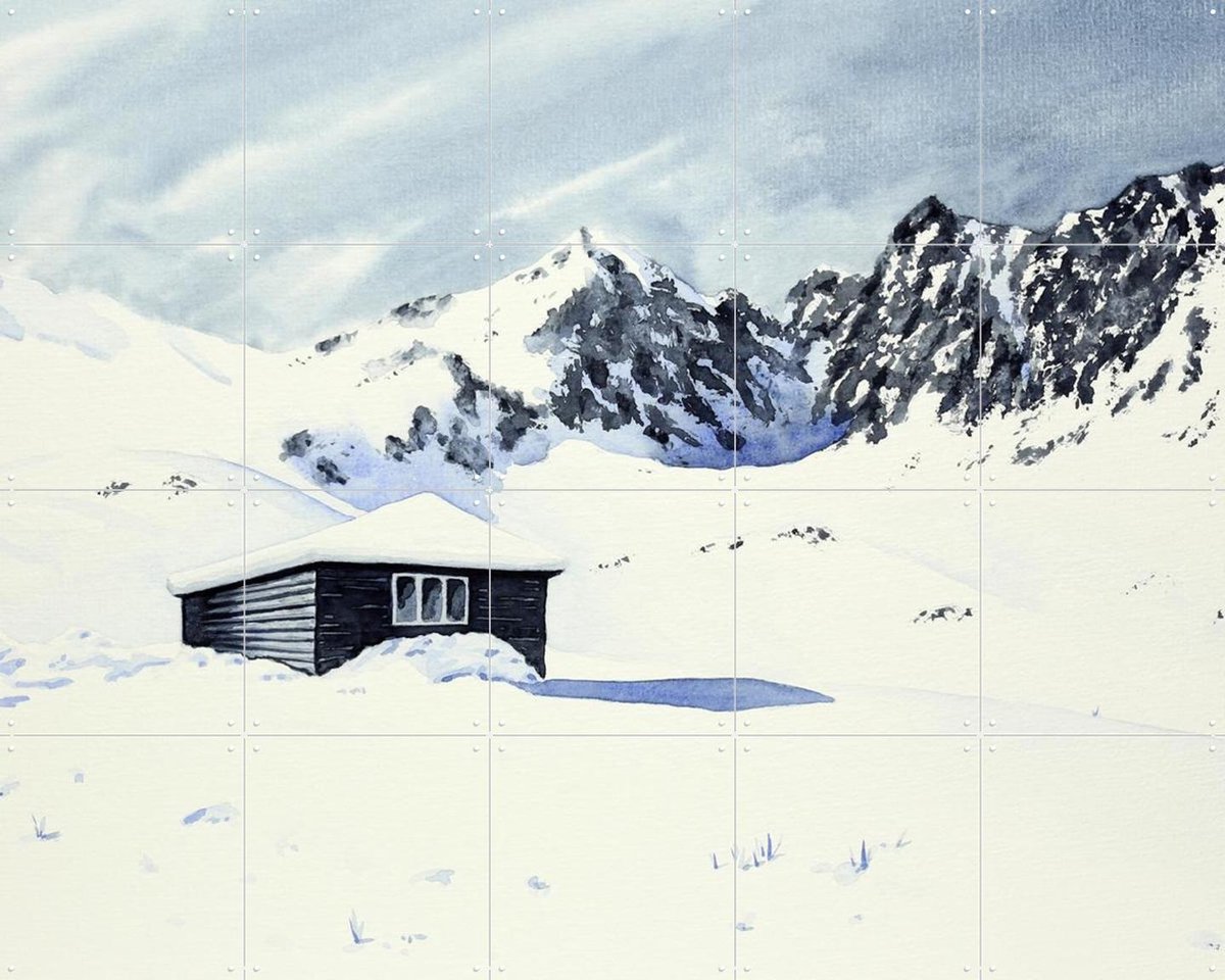 IXXI Wooden Cabin with Snow, Natalie Bruns - 100 x 80 cm - Gratis ophangtool - Grote wanddecoratie en posters - Aquarel, Realisme, Slaapkamer, Gang