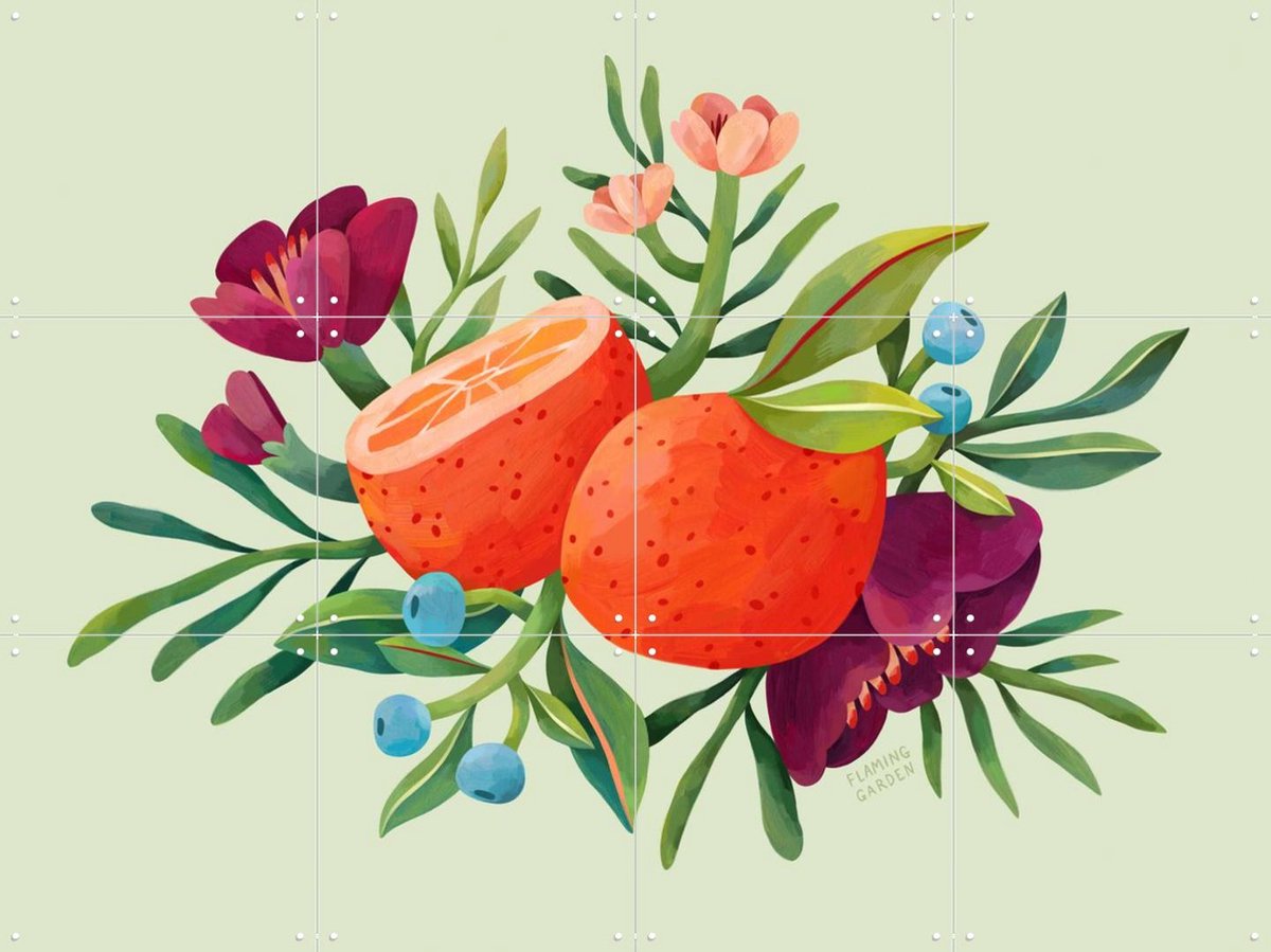 IXXI Orange Summer, Flaming Garden - 80 x 60 cm - Gratis ophangtool - Grote wanddecoratie en posters - Kleurrijk, Illustraties, Speels, Digitale