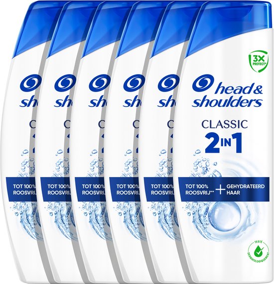 Rij van vijf Head & Shoulders Classic 2-in-1 shampoo flessen met blauwe en witte etiketten, met de tekst 'Tot 100% roosvrij'.