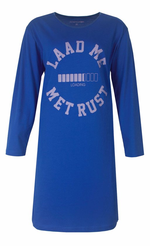 Chemise de nuit bleue à manches longues, col rond, avec le texte "Laad me met rust" et une barre de chargement.