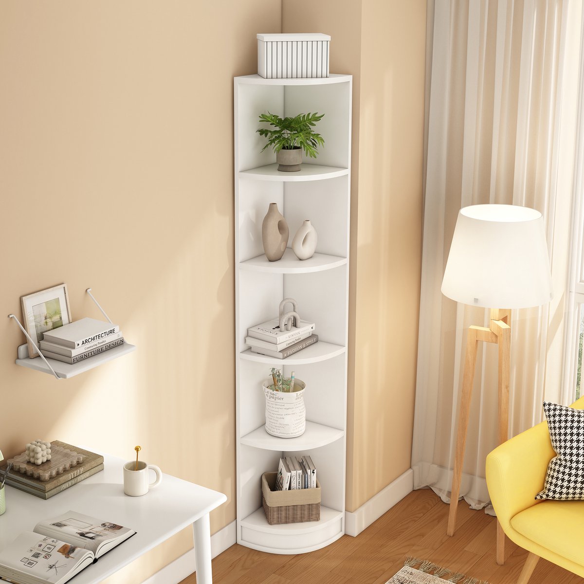 STILVORA Hoekboekenkast - Driehoekig Ontwerp Met 5 Legplanken - Ruimtebesparend Voor Woonkamer Of Kantoor - MDF - Wit - 42x30x180 Cm Natuurlijk
