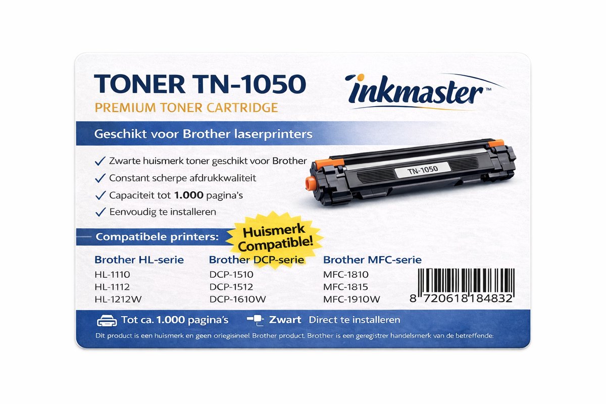 Inkmaster Toner TN-1050 – Zwart – Huismerk – Geschikt voor Brother HL-1110 HL-1112 HL-1210W HL-1212W etc