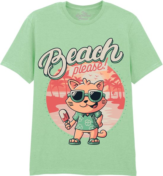 Lichtgroen T-shirt met opdruk 'Beach please!' en een kat met zonnebril en ijsje.
