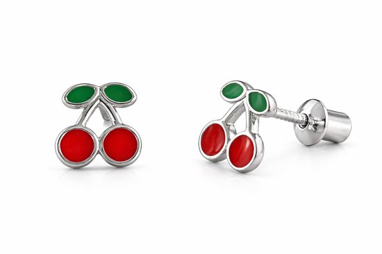 Clous d'oreilles en argent en forme de deux cerises rouges avec des tiges vertes. Avec fermoir à vis.