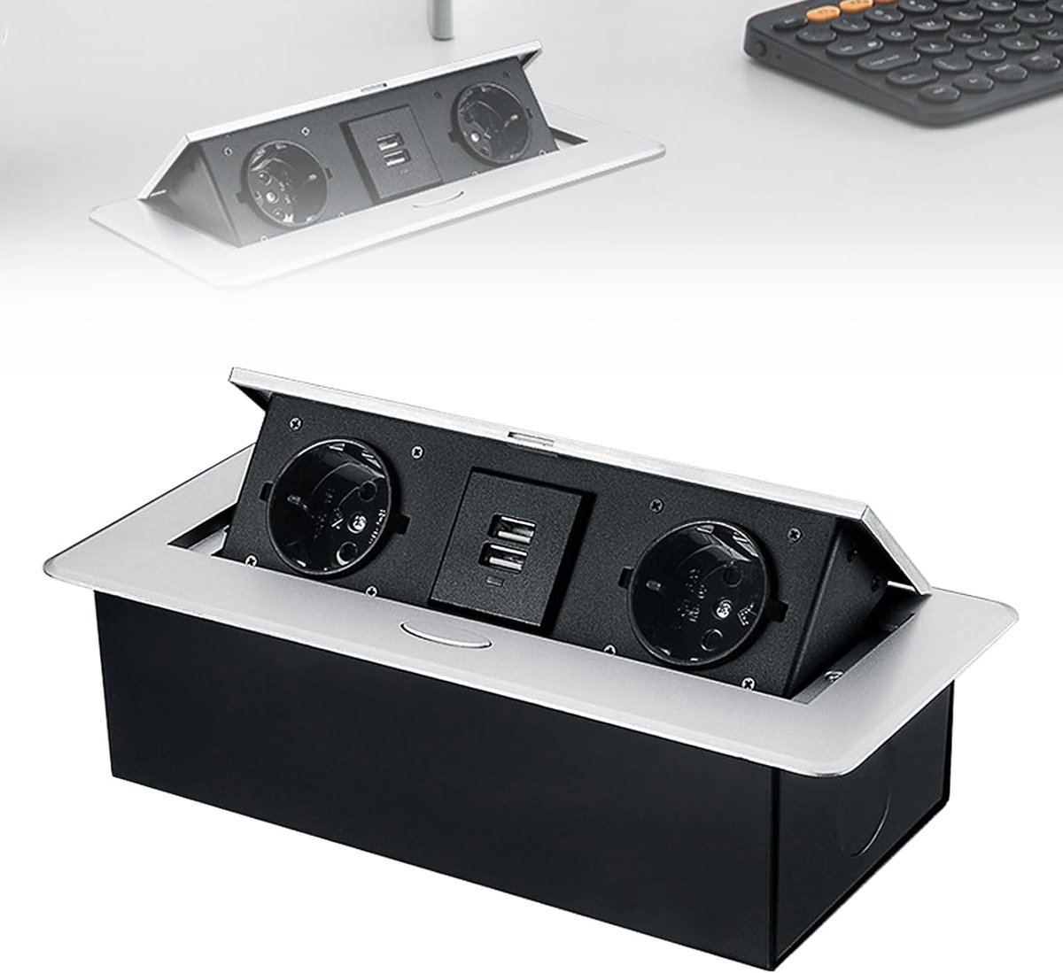 Inbouwstekkerdoos voor op het bureau, pop-up stekkerdoos, verborgen multimediastekkerdoos, multifunctionele stroomhub, 2 stopcontacten + 2 USB-oplaadpoorten, zilver.