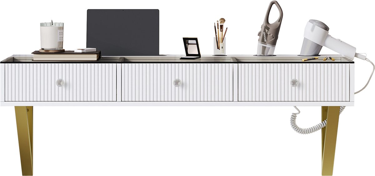 Make-up tafel hangend, met 3 lades, glasplaat, tablet houder en bekerhouder; Wit 120×40×45 cm (B×H×D) (zonder LED-spiegel)