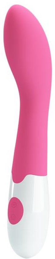 Vibrateur violet avec un manche blanc et un bouton rose.