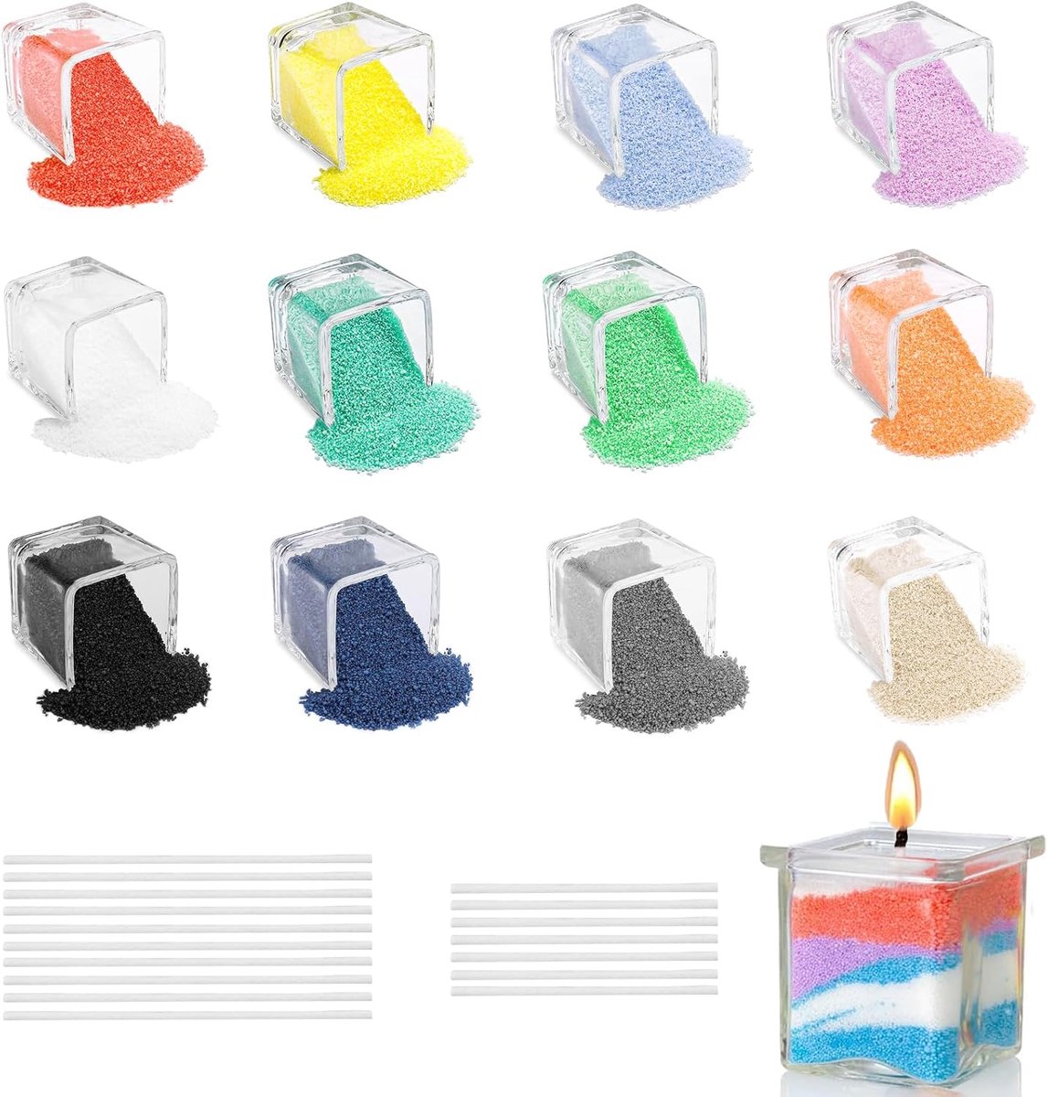 Imperatoris - Kaarsenzand - Kaarsen Zand - Burning Sand - Candle Sand - Herbruikbaar - Poederkaars - 360 g - 12 Kleuren met 17 Lonten