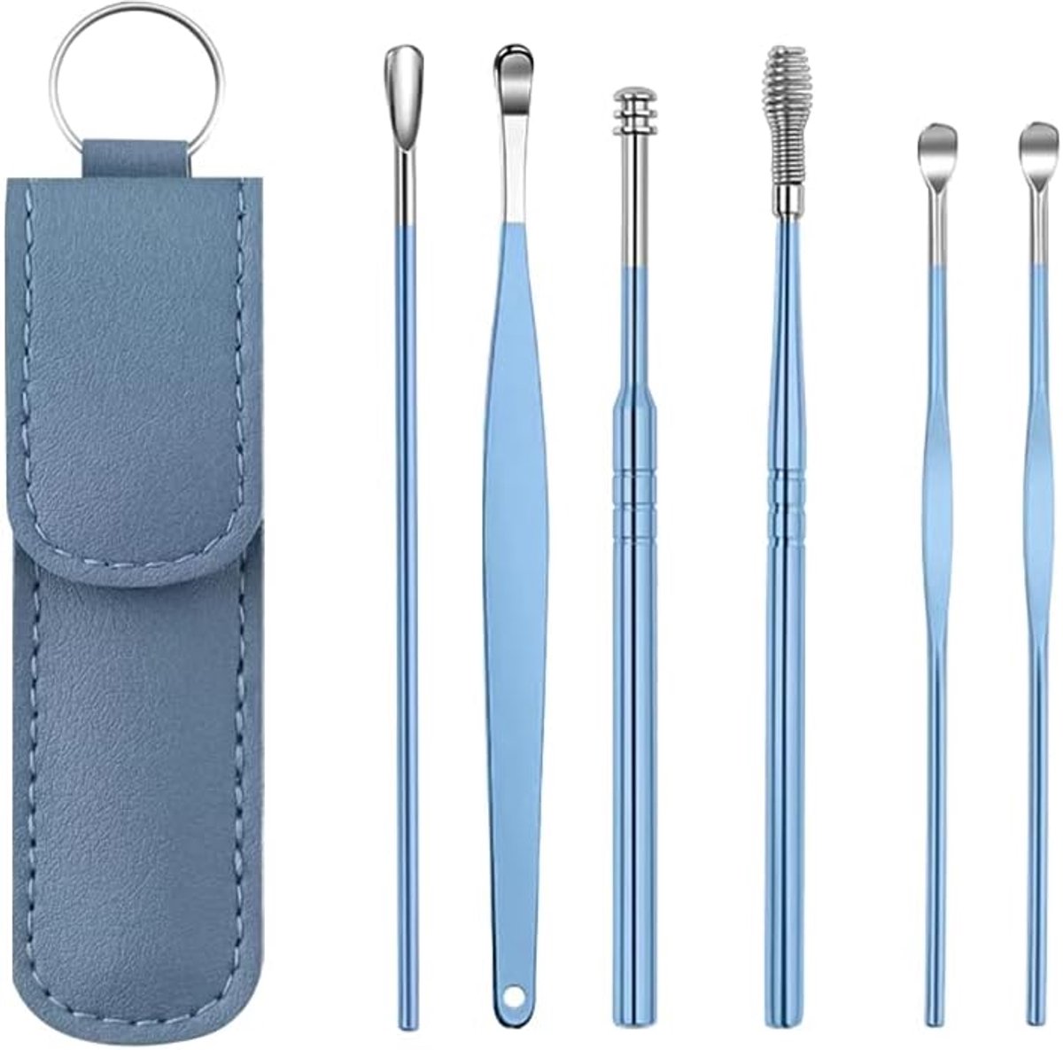 Oorreiniger, 6-delige set oorreinigers, roestvrijstalen oorreiniger, roestvrijstalen oorschepje, draagbare oorreiniger,Blauw