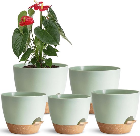 Foto: Plantenpotten set bloempotten kamerplanten binnen tuinieren zelfbewaterend systeem 5 stuks maten groen