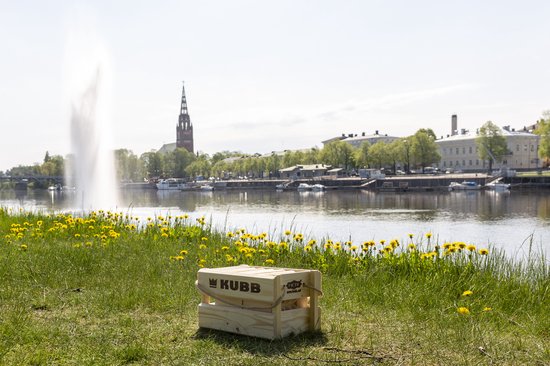 Houten Kubb kistje op gras bij een meer, met een fontein en gebouwen op de achtergrond.