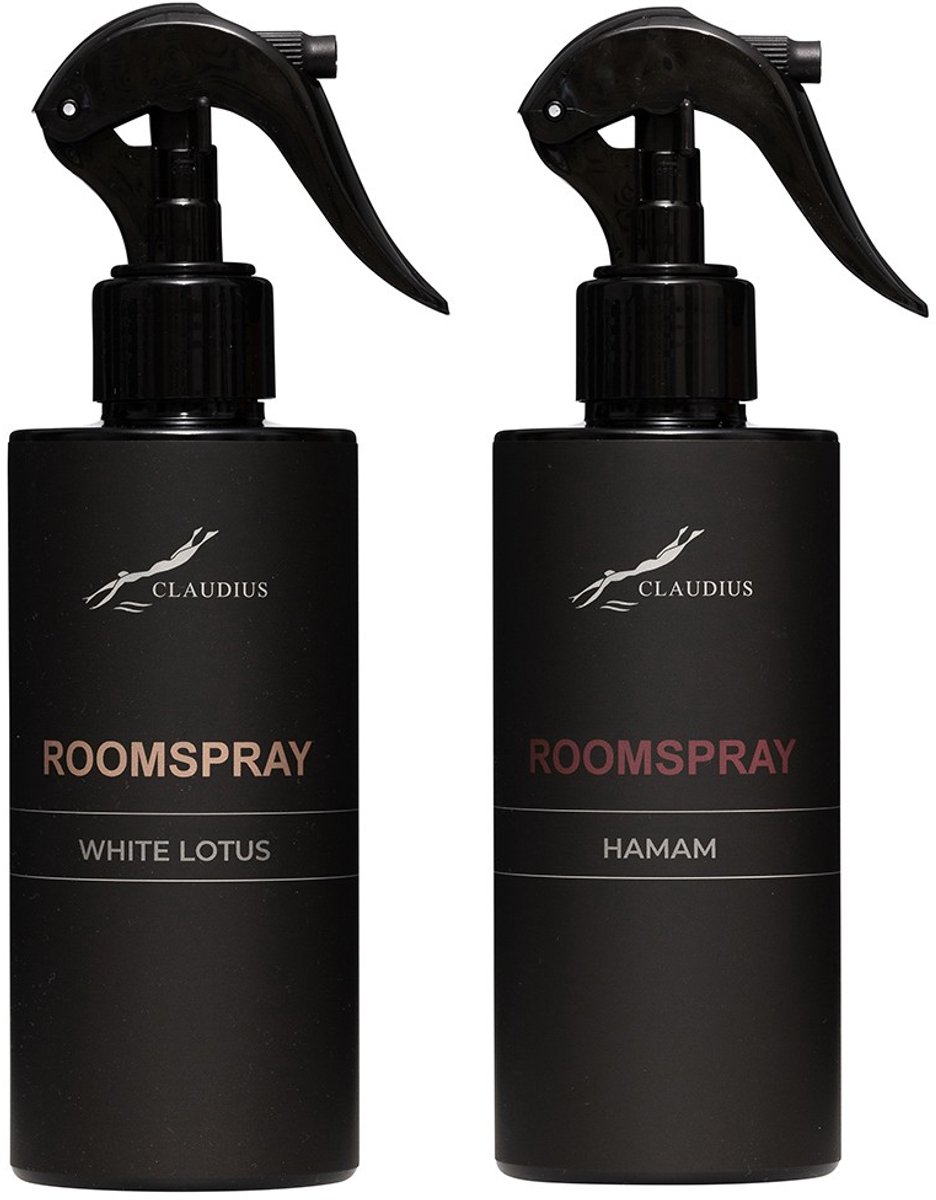 Claudius Cosmetics B.V. Claudius Cosmetics Roomspray White Lotus en Hamam - 300 ml - 2 stuks - luxe huisparfum spray - geurspray - verfrissend en bloemig Zwart