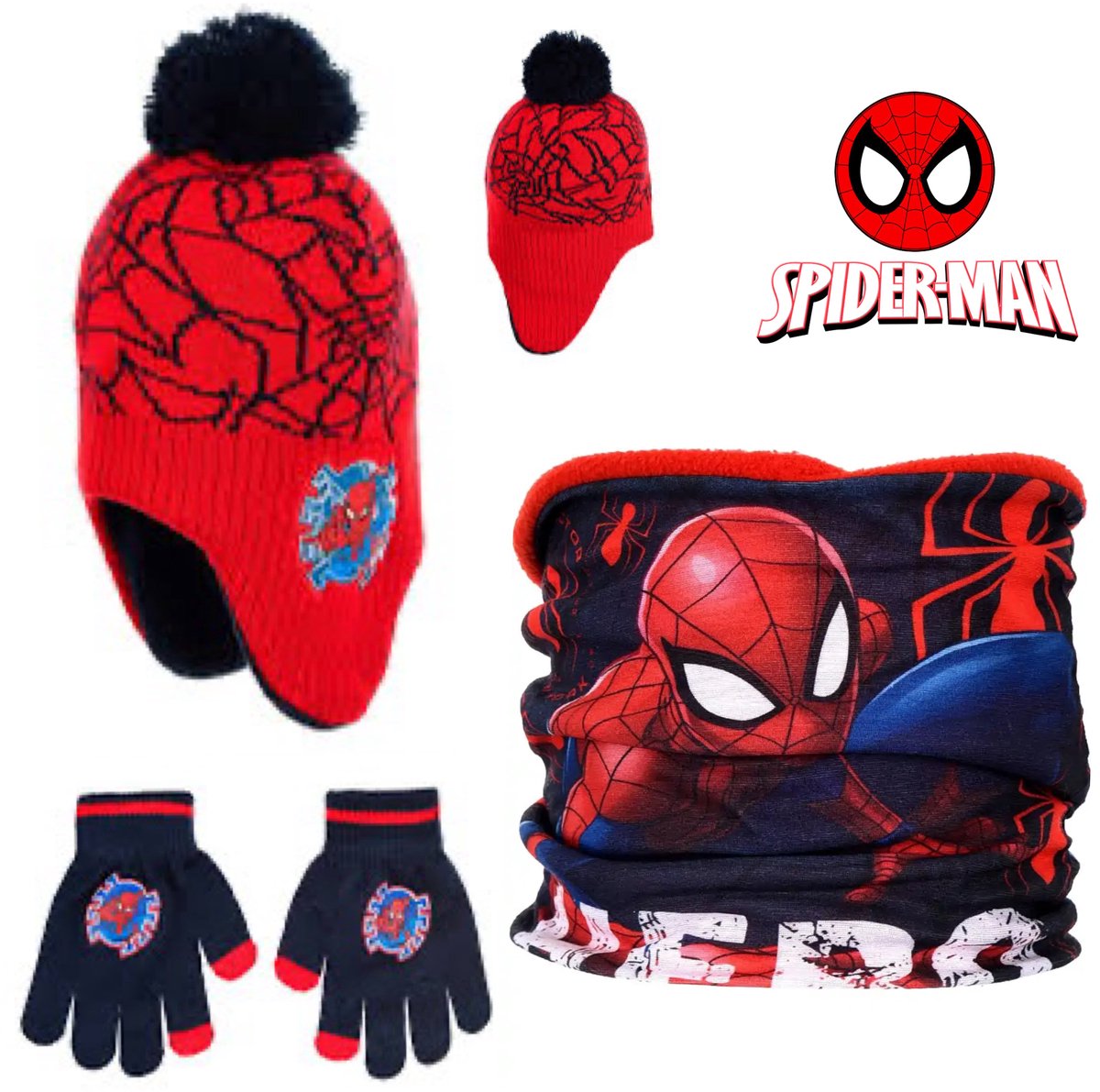 Marvel Spiderman Set - 3 Delig - Muts + Nekwarmer + Touchscreen Handschoenen - Rood - Maat 52 cm hoofdomtrek - ± 2-4 jaar