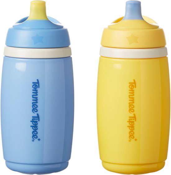 Tommee Tippee geïsoleerde Active tuitbeker – 2 stuks - 266 ml – lekvrije waterfles voor peuters 12m+ - blauw en geel