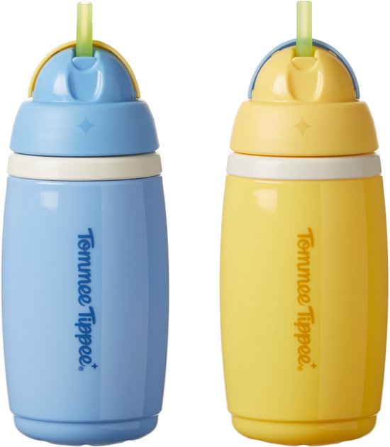 Tommee Tippee geïsoleerde Active rietjesbeker – 2 stuks – 266 ml –lekvrije waterfles voor peuters 12m+ - blauw en geel