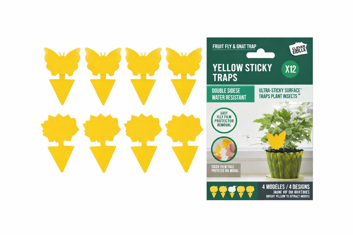 Fruitvliegjes & Rouwvliegjes Plakstrips – 12 Stuks – Ecologische Gele Vliegenvanger voor Bestrijding van Vliegjes – Plakstrips voor Kamerplanten – Geel