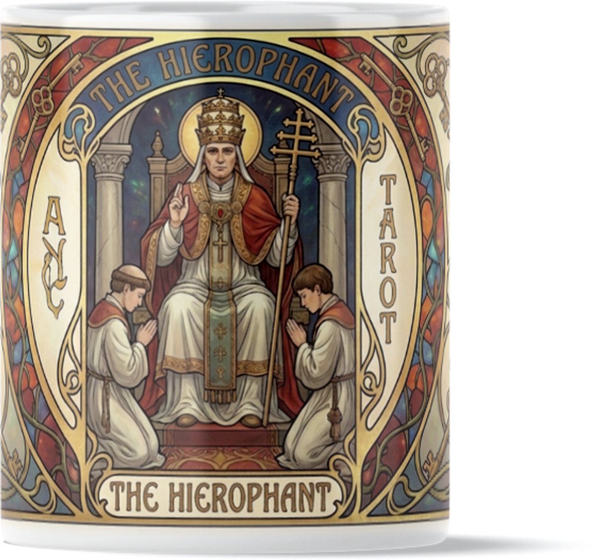 Mystieke Tarot Mok "The Hierophant" (De Hiërofant) - De Hogepriester - Symbool voor Kennis & Traditie - Vintage Art Nouveau Design met Gekruiste Sleutels & Heilige - Spiritueel Cadeau voor Haar: Coach Mentor of Leraar - Vintage Illustratie
