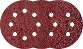 Drie ronde schuurschijven met gaten, roodbruin van kleur, op een zwarte achtergrond.