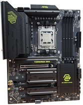 MSI MAG B850 Tomahawk Max WiFi moederbord met zwarte heatsinks en gele accenten, inclusief AMD Ryzen 7 9850X3D CPU.