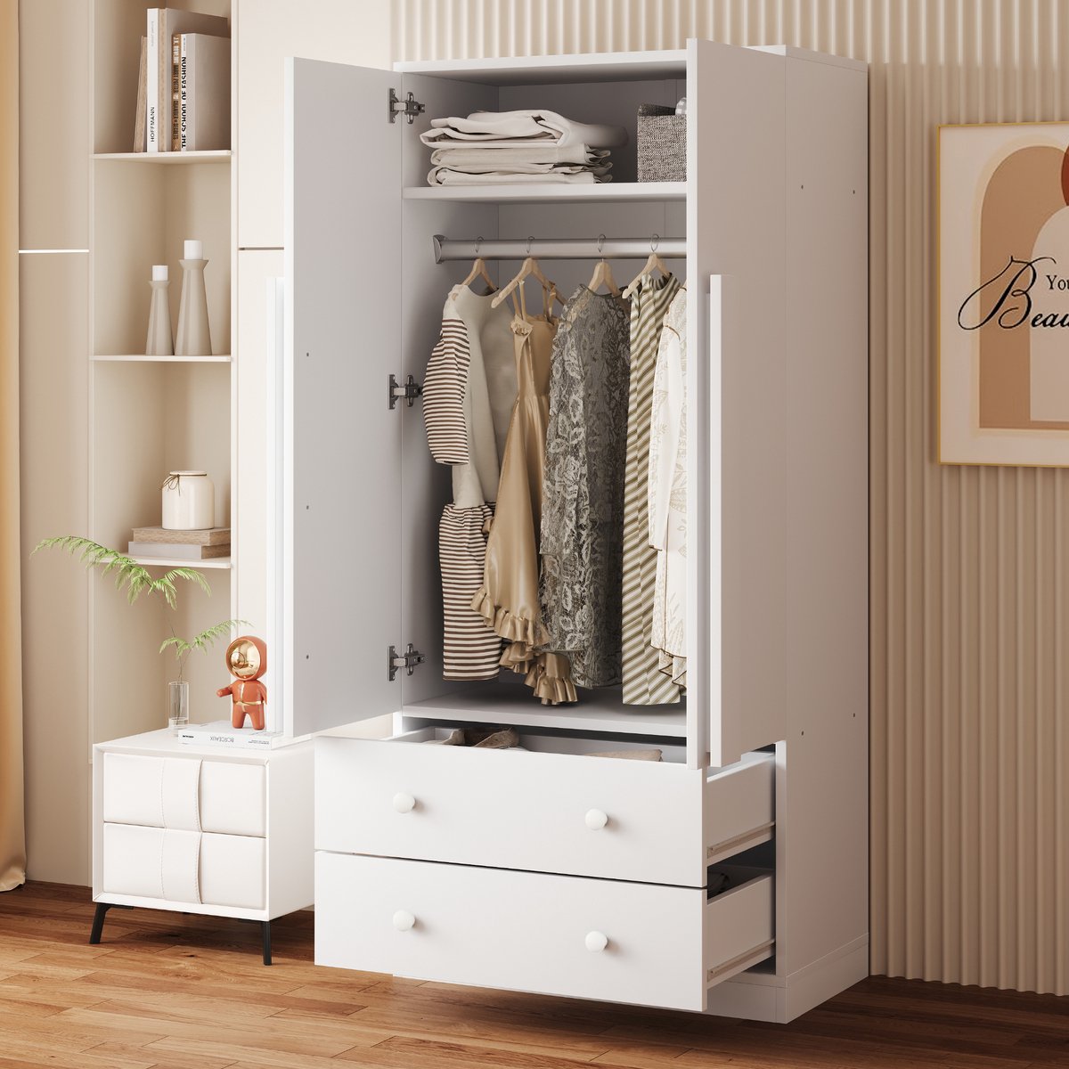 OKWISH Kledingkast Met Dubbele Deuren En 2 Lades Voor Slaapkamer Of Hal Ingelakte Houtlook Wit 70×40×170 Cm