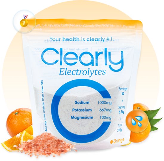 Zakje Clearly Electrolytes Sinaasappel met sinaasappels, roze zout en hydratatie-icoon.