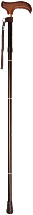 Uitgevouwen bronzen wandelstok met bruin derby handvat en polsbandje.